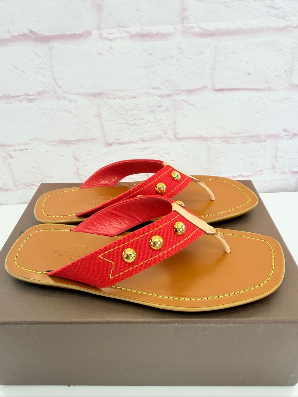 Louis Vuitton Sunny Red Studded Thong Sandals 38 - Picture 6 of 10
